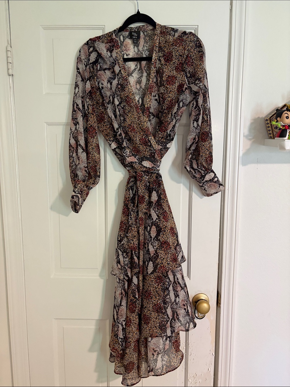 Bar III Brown and Black Snake-Print Long Sleeve Wrap Dress